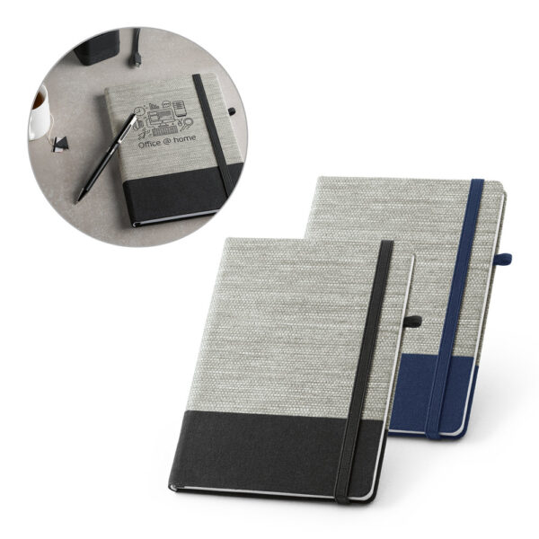 Caderno A5 em palha e algodão canvas com folhas pautadas - Enova Brindes Personalizados