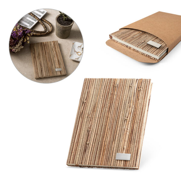Caderno A5 em palha natural com folhas pautadas recicladas - Enova Brindes Personalizados