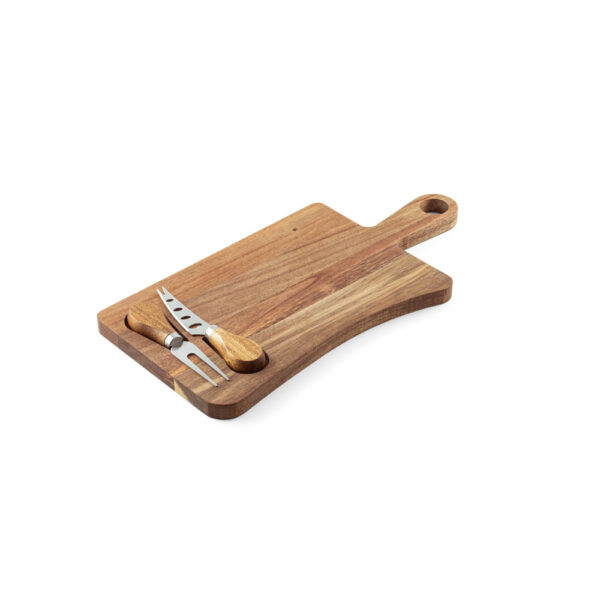 Tábua de queijos em madeira de acácia com 2 utensílios em madeira de acácia e aço inox - Brinde Corporativo Personalizado | Enova
