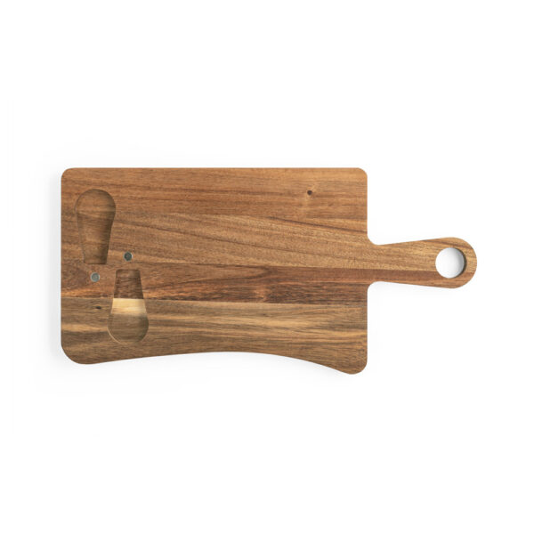 Tábua de queijos em madeira de acácia com 2 utensílios em madeira de acácia e aço inox - Brinde Corporativo Personalizado | Enova