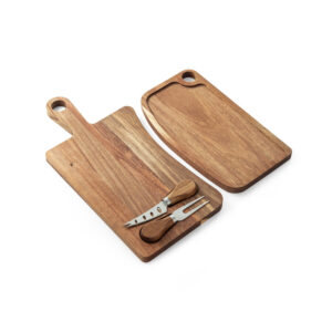 Tábua de queijos em madeira de acácia com 2 utensílios em madeira de acácia e aço inox - Brinde Corporativo Personalizado | Enova