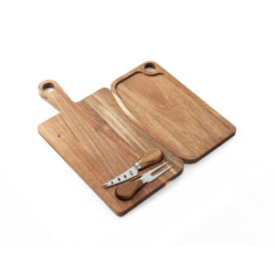 Tábua de queijos em madeira de acácia com 2 utensílios em madeira de acácia e aço inox - Brinde Corporativo Personalizado | Enova
