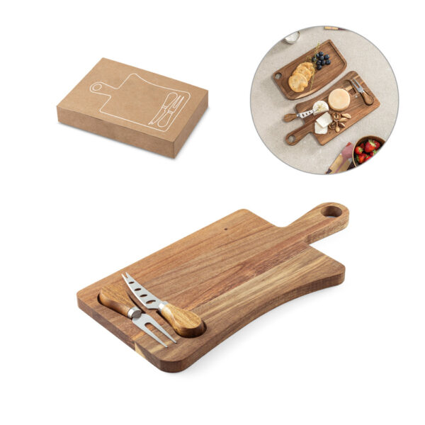 Tábua de queijos em madeira de acácia com 2 utensílios em madeira de acácia e aço inox - Enova Brindes Personalizados