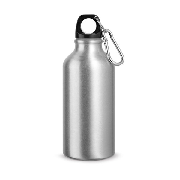 Garrafa esportiva em alumínio e acabamento metálico com mosquetão 400 mL - Brinde Corporativo Personalizado | Enova