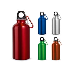 Garrafa esportiva em alumínio e acabamento metálico com mosquetão 400 mL - Enova Brindes Personalizados
