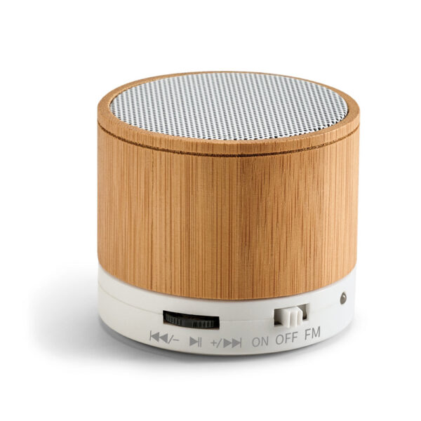 Caixa de som em bambu com microfone - Brinde Corporativo Personalizado | Enova