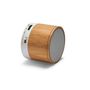 Caixa de som em bambu com microfone - Brinde Corporativo Personalizado | Enova