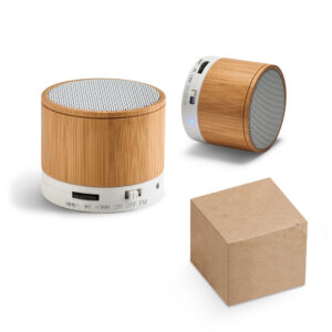 Caixa de som em bambu com microfone - Enova Brindes Personalizados