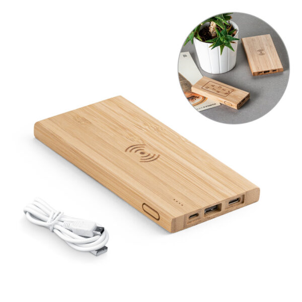 Bateria portátil em bambu 5’000 mAh - Enova Brindes Personalizados