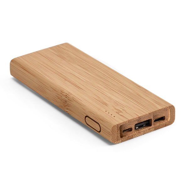 Bateria portátil em bambu com bateria de lítio 5'000 mAh - Brinde Corporativo Personalizado | Enova