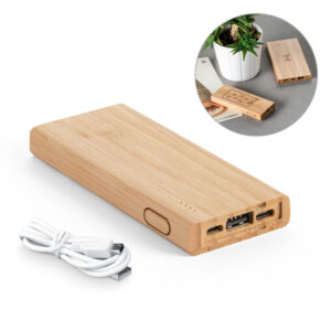 Bateria portátil em bambu com bateria de lítio 5’000 mAh - Enova Brindes Personalizados
