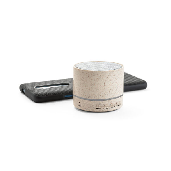 Caixa de som portátil em fibra de palha de trigo e ABS com microfone - Brinde Corporativo Personalizado | Enova