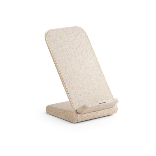 Suporte para celular com carregador wireless em fibra de palha de trigo e ABS - Brinde Corporativo Personalizado | Enova