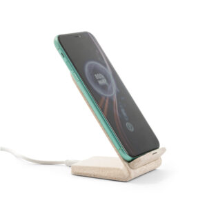 Suporte para celular com carregador wireless em fibra de palha de trigo e ABS - Brinde Corporativo Personalizado | Enova