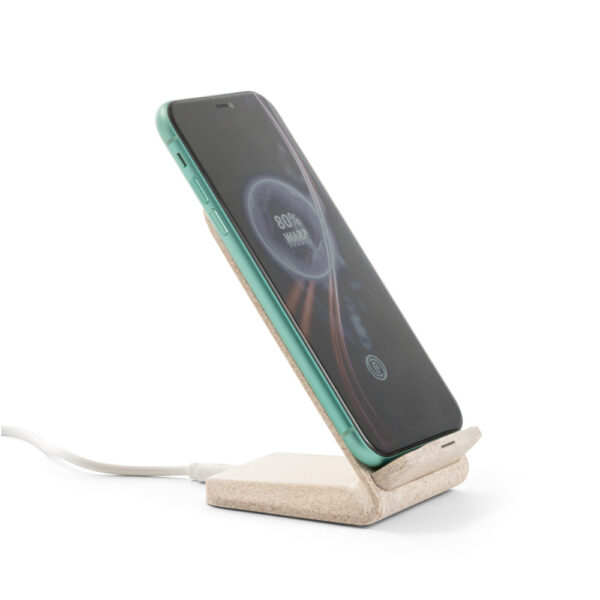 Suporte para celular com carregador wireless em fibra de palha de trigo e ABS - Brinde Corporativo Personalizado | Enova