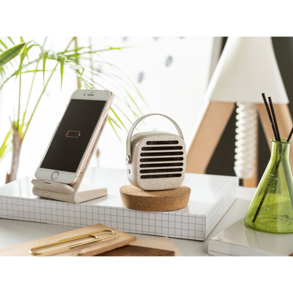 Suporte para celular com carregador wireless em fibra de palha de trigo e ABS - Brinde Corporativo Personalizado | Enova