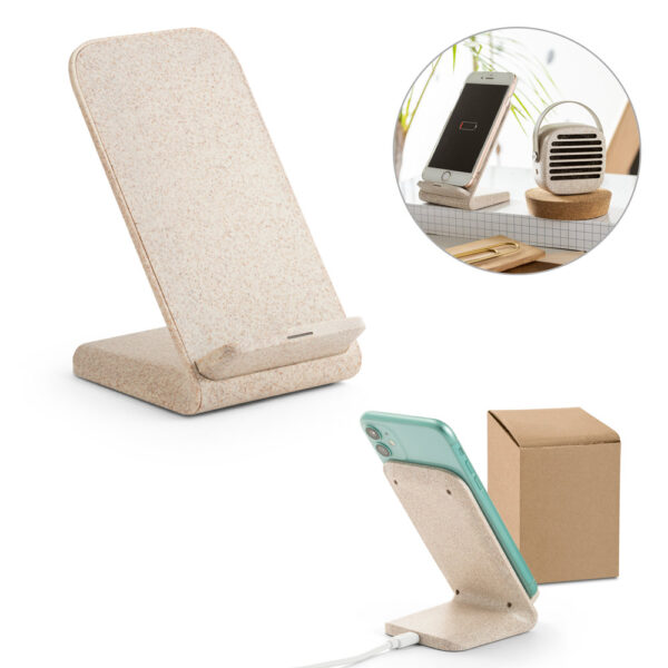 Suporte para celular com carregador wireless em fibra de palha de trigo e ABS - Enova Brindes Personalizados