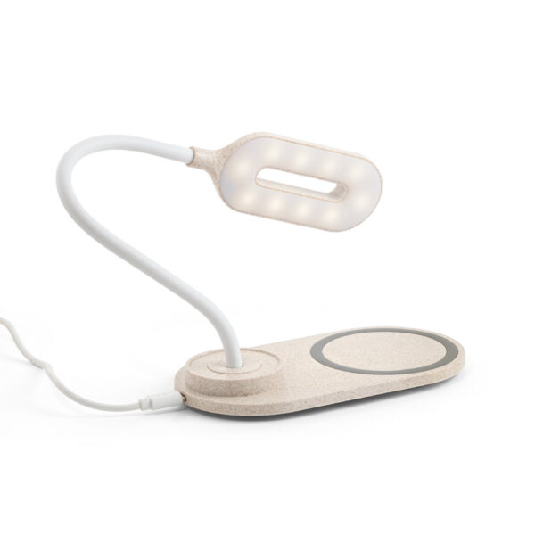 Luminária de mesa com carregador wireless em ABS e fibra de palha de trigo - Brinde Corporativo Personalizado | Enova