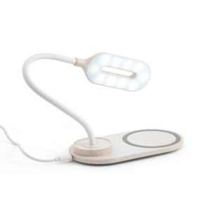 Luminária de mesa com carregador wireless em ABS e fibra de palha de trigo - Brinde Corporativo Personalizado | Enova