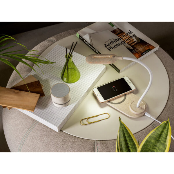 Luminária de mesa com carregador wireless em ABS e fibra de palha de trigo - Brinde Corporativo Personalizado | Enova
