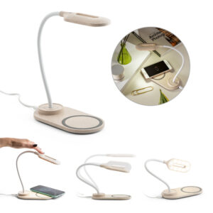 Luminária de mesa com carregador wireless em ABS e fibra de palha de trigo - Enova Brindes Personalizados
