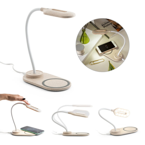 Luminária de mesa com carregador wireless em ABS e fibra de palha de trigo - Enova Brindes Personalizados