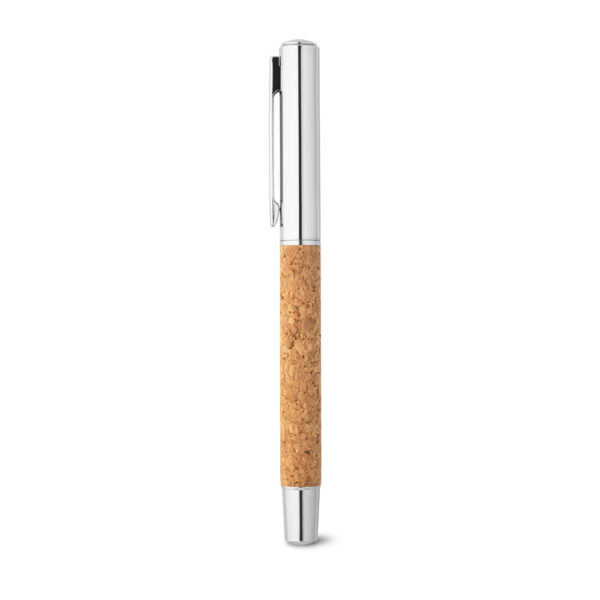 Roller com corpo em aço inox 90% reciclado e cortiça com clipe - Brinde Corporativo Personalizado | Enova