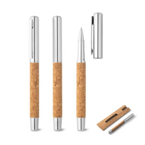 Roller com corpo em aço inox 90% reciclado e cortiça com clipe - Enova Brindes Personalizados