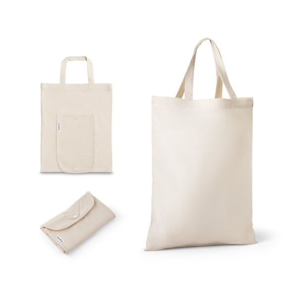 Sacola dobrável em 50% algodão, 30% algodão reciclado e 20% poliéster reciclado (140 g/m²) - Enova Brindes Personalizados