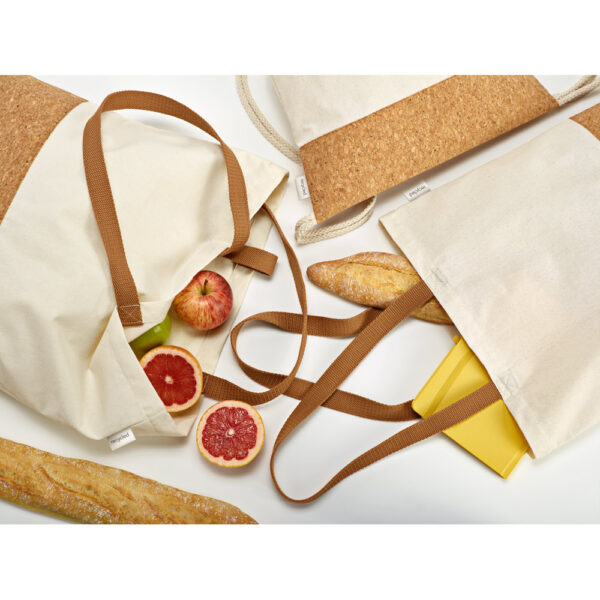 Sacola tipo mochila em 70% algodão reciclado e 30% poliéster reciclado (180g/m²) com base em cortiça - Brinde Corporativo Personalizado | Enova