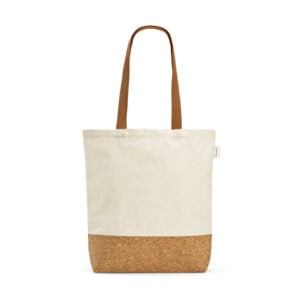Sacola em 70% algodão reciclado e 30% poliéster reciclado (180 g/m²) com fundo em cortiça - Brinde Corporativo Personalizado | Enova