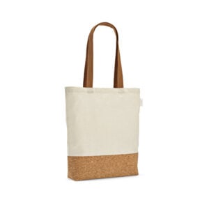 Sacola em 70% algodão reciclado e 30% poliéster reciclado (180 g/m²) com fundo em cortiça - Enova Brindes Personalizados