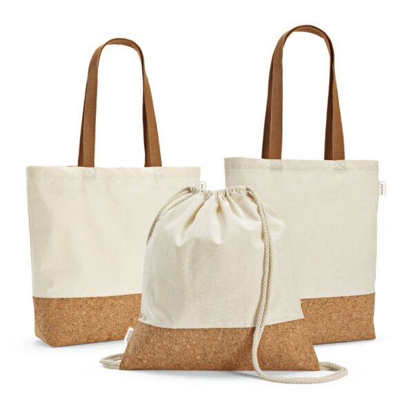 Sacola em 70% algodão reciclado e 30% poliéster reciclado (220 g/m²) com fundo em cortiça - Brinde Corporativo Personalizado | Enova