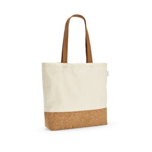 Sacola em 70% algodão reciclado e 30% poliéster reciclado (220 g/m²) com fundo em cortiça - Enova Brindes Personalizados