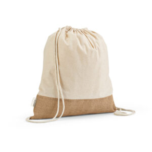 Sacola tipo mochila em 70% algodão reciclado e 30% poliéster reciclado (180 g/m²) com base em juta - Enova Brindes Personalizados