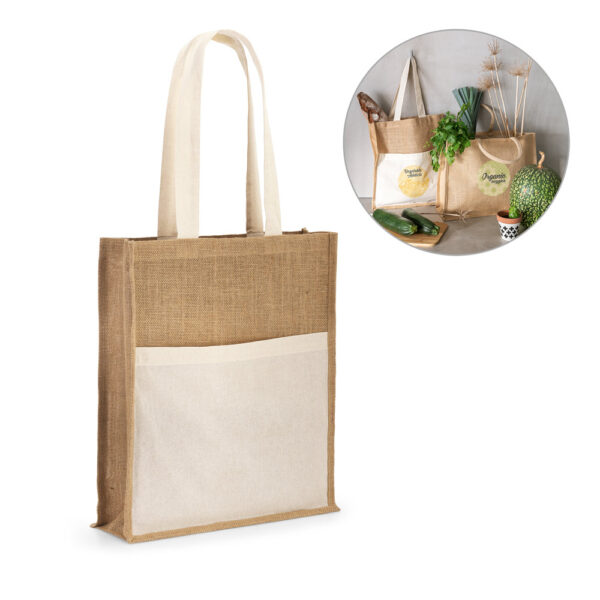 Sacola em juta (240 g/m²) e bolso em 100% algodão (140 gm²) - Enova Brindes Personalizados