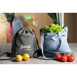 Sacola tipo mochila eem 70% algodão reciclado e 30% poliéster reciclado sem tingimento (140 g/m²) - Brinde Corporativo Personalizado | Enova