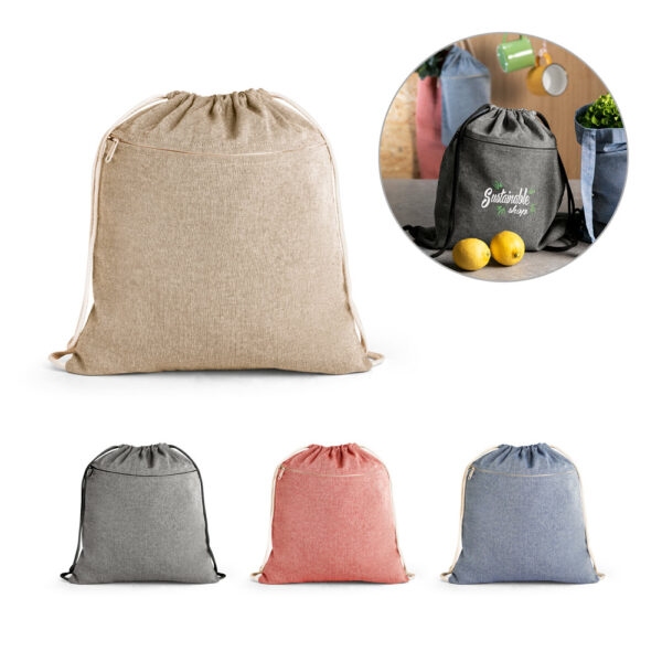 Sacola tipo mochila eem 70% algodão reciclado e 30% poliéster reciclado sem tingimento (140 g/m²) - Enova Brindes Personalizados