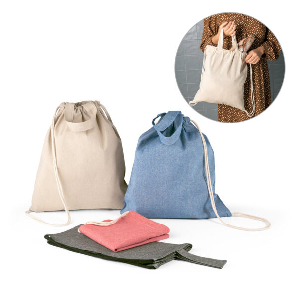 Sacola tipo mochila em 70% algodão reciclado e 30% poliéster reciclado (140g/m²) - Enova Brindes Personalizados