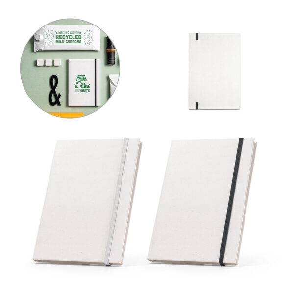 Caderno A5 produzido através de pacotes de leite reciclados com folhas pautadas recicladas - Enova Brindes Personalizados