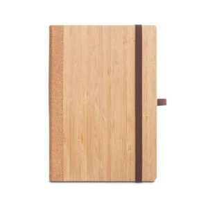 Caderno A5 de capa dura em folha de bambu e cortiça com folhas pautadas - Brinde Corporativo Personalizado | Enova