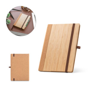Caderno A5 de capa dura em folha de bambu e cortiça com folhas pautadas - Enova Brindes Personalizados