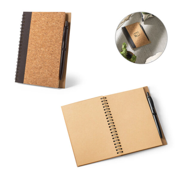 Caderno B6 em cortiça e poliéster 100% reciclado (100% rPET) com páginas lisas recicladas - Enova Brindes Personalizados