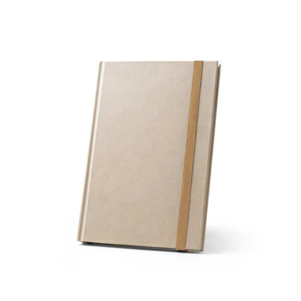 Caderno A5 de capa dura em papel à base de cana-de-açúcar (80% polpa da cana-de-açúcar) com folhas pautadas - Brinde Corporativo Personalizado | Enova