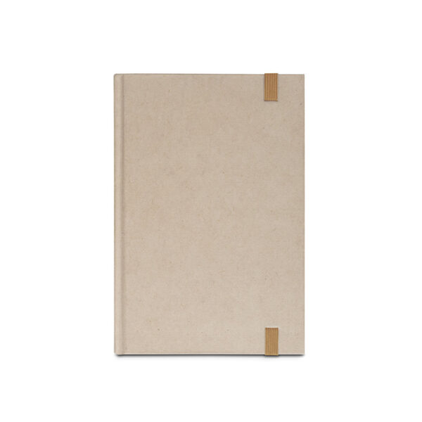 Caderno A5 de capa dura em papel à base de cana-de-açúcar (80% polpa da cana-de-açúcar) com folhas pautadas - Brinde Corporativo Personalizado | Enova