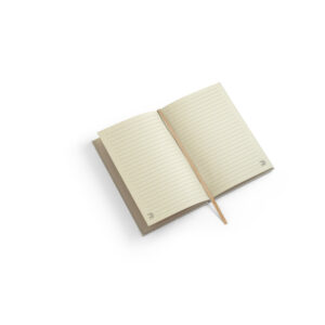 Caderno A5 de capa dura em papel à base de cana-de-açúcar (80% polpa da cana-de-açúcar) com folhas pautadas - Brinde Corporativo Personalizado | Enova