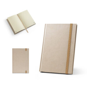 Caderno A5 de capa dura em papel à base de cana-de-açúcar (80% polpa da cana-de-açúcar) com folhas pautadas - Enova Brindes Personalizados