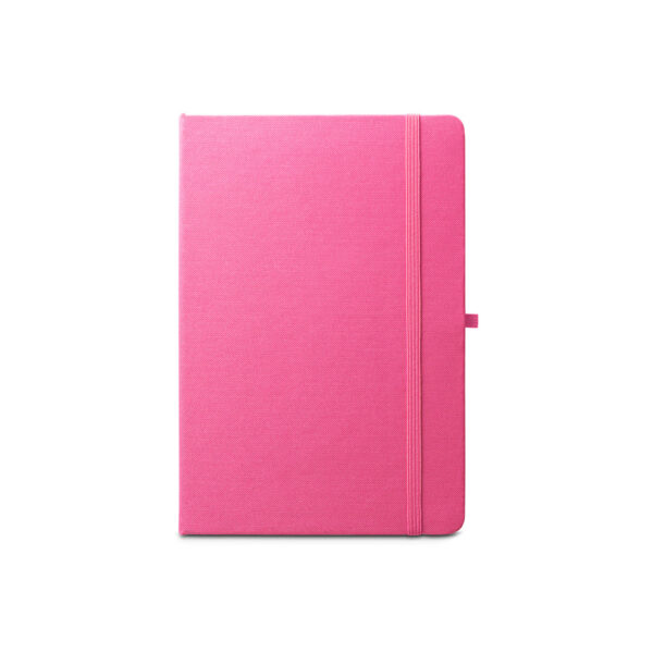 Caderno A5 de capa dura em poliéster 100% reciclado (100% rPET) com cantos redondos e folhas pautadas - Brinde Corporativo Personalizado | Enova