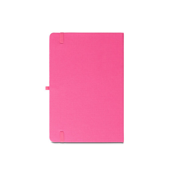 Caderno A5 de capa dura em poliéster 100% reciclado (100% rPET) com cantos redondos e folhas pautadas - Brinde Corporativo Personalizado | Enova