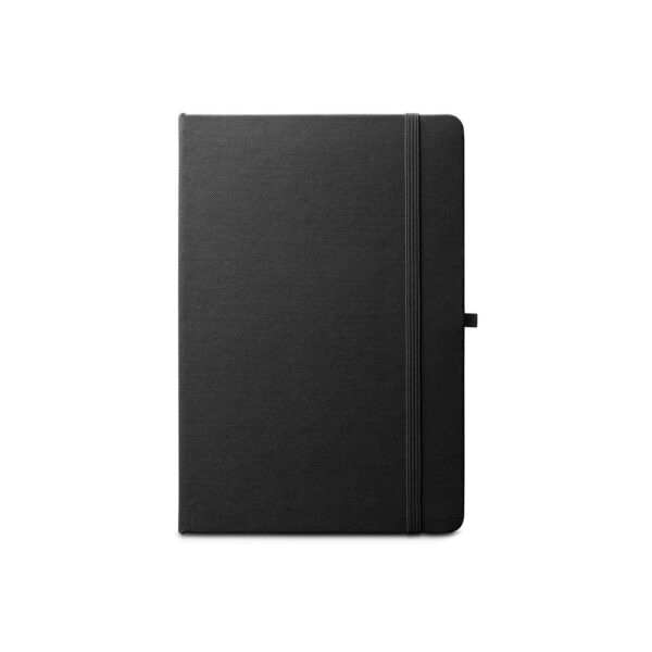 Caderno A5 de capa dura em poliéster 100% reciclado (100% rPET) com cantos redondos e folhas pautadas - Brinde Corporativo Personalizado | Enova